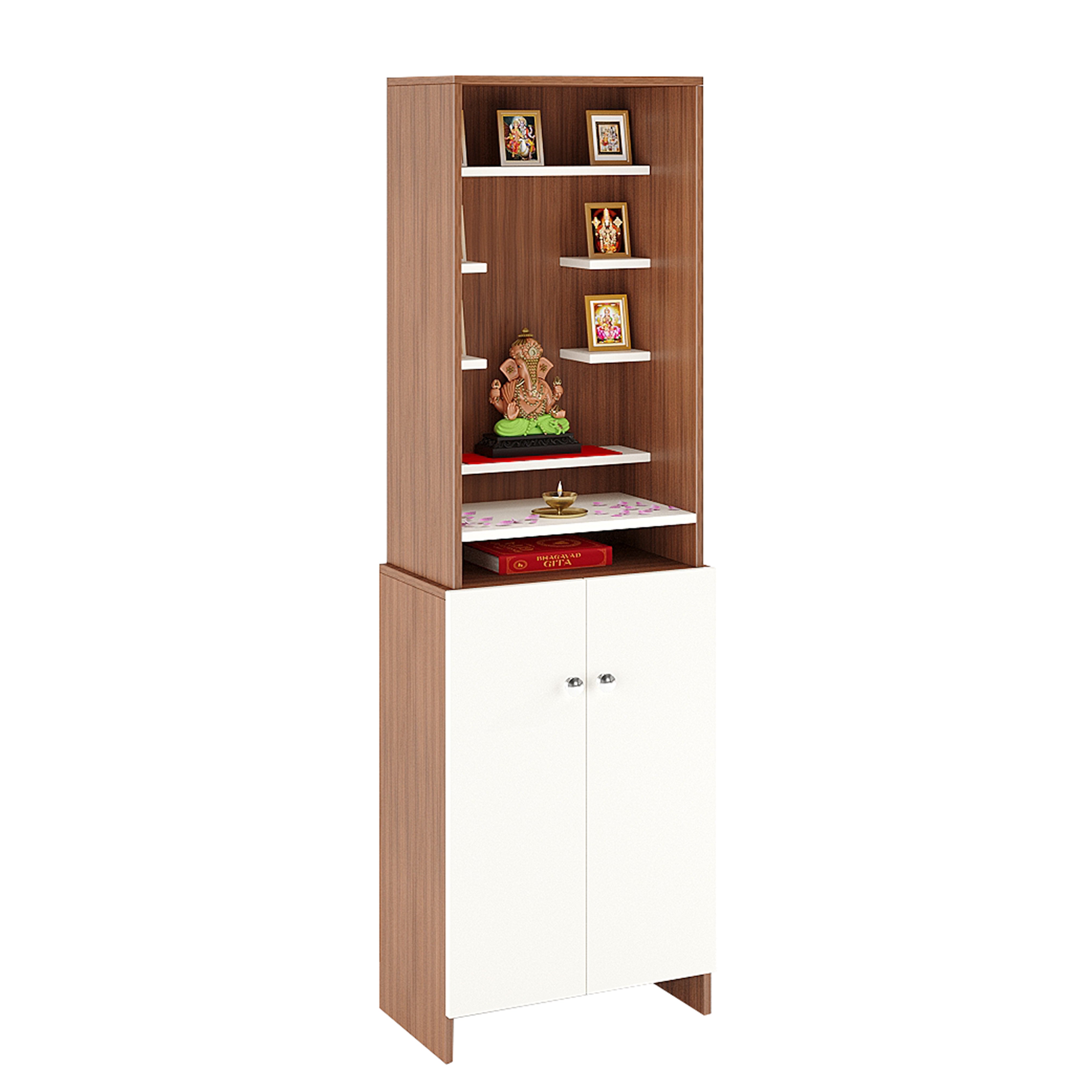 Shrisha Mandir for Home, Modern Temple for Home & Office, Prayer Cabinet Puja Stand Shelf in Exotic Teak & White