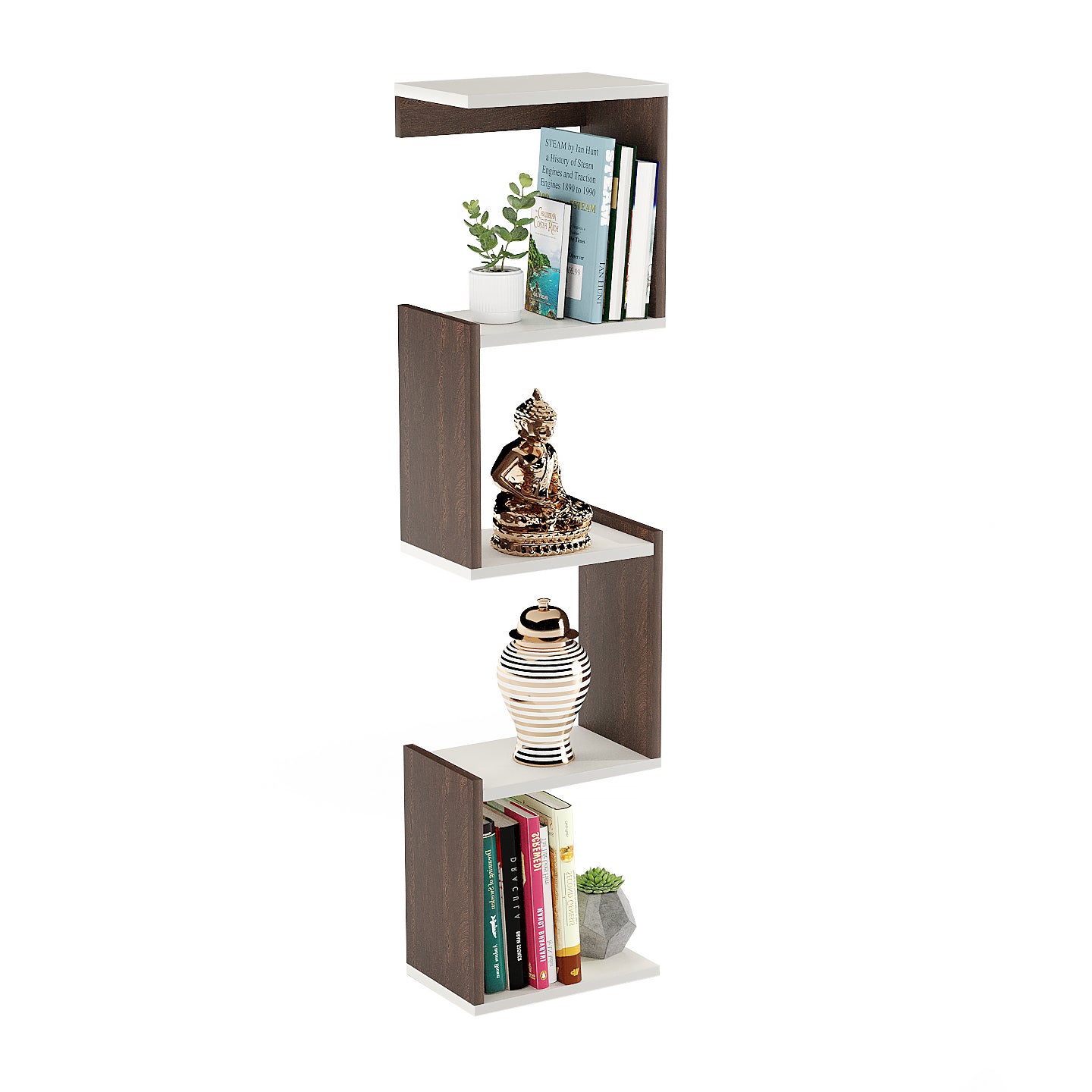 Winsen Wall Mount Wooden Book Shelf for Books, Book Shelf Rack for Home Library, Corner Shelf for Living Room, Study Room & Office Furniture (Wenge & White)