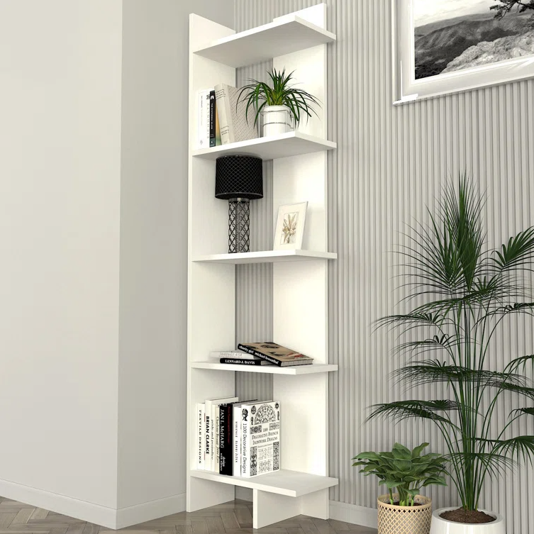 Abson Wooden Book Shelf for Books, Book Shelf Rack for Home Library, Corner Shelf for Living Room, Study Room & Office Furniture (White)