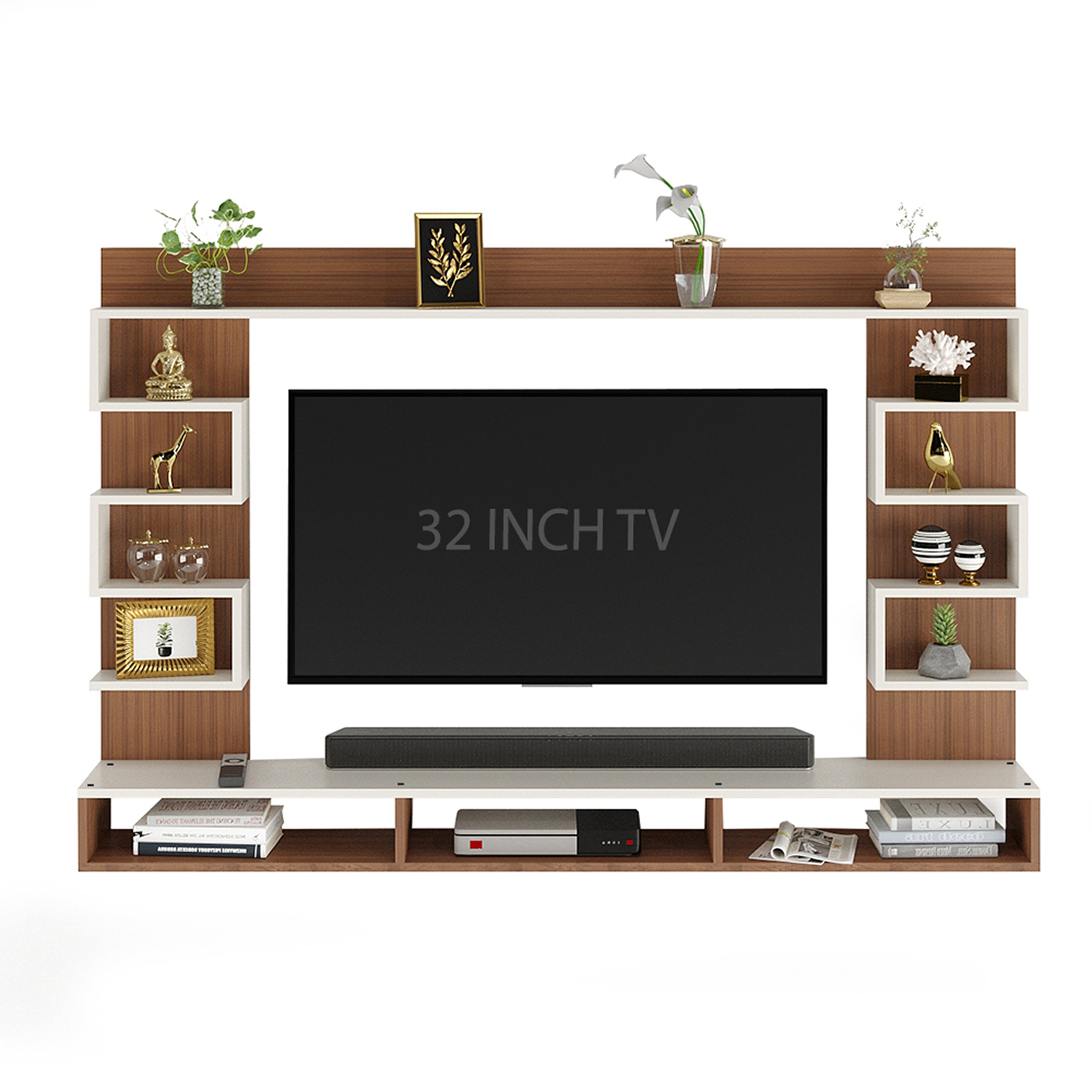 Cabiar Wall-Mount TV Unit for Living Room, Entertainment Unit with Display Shelves, for 32 Inch TV (Exotic Teak & White Finish)
