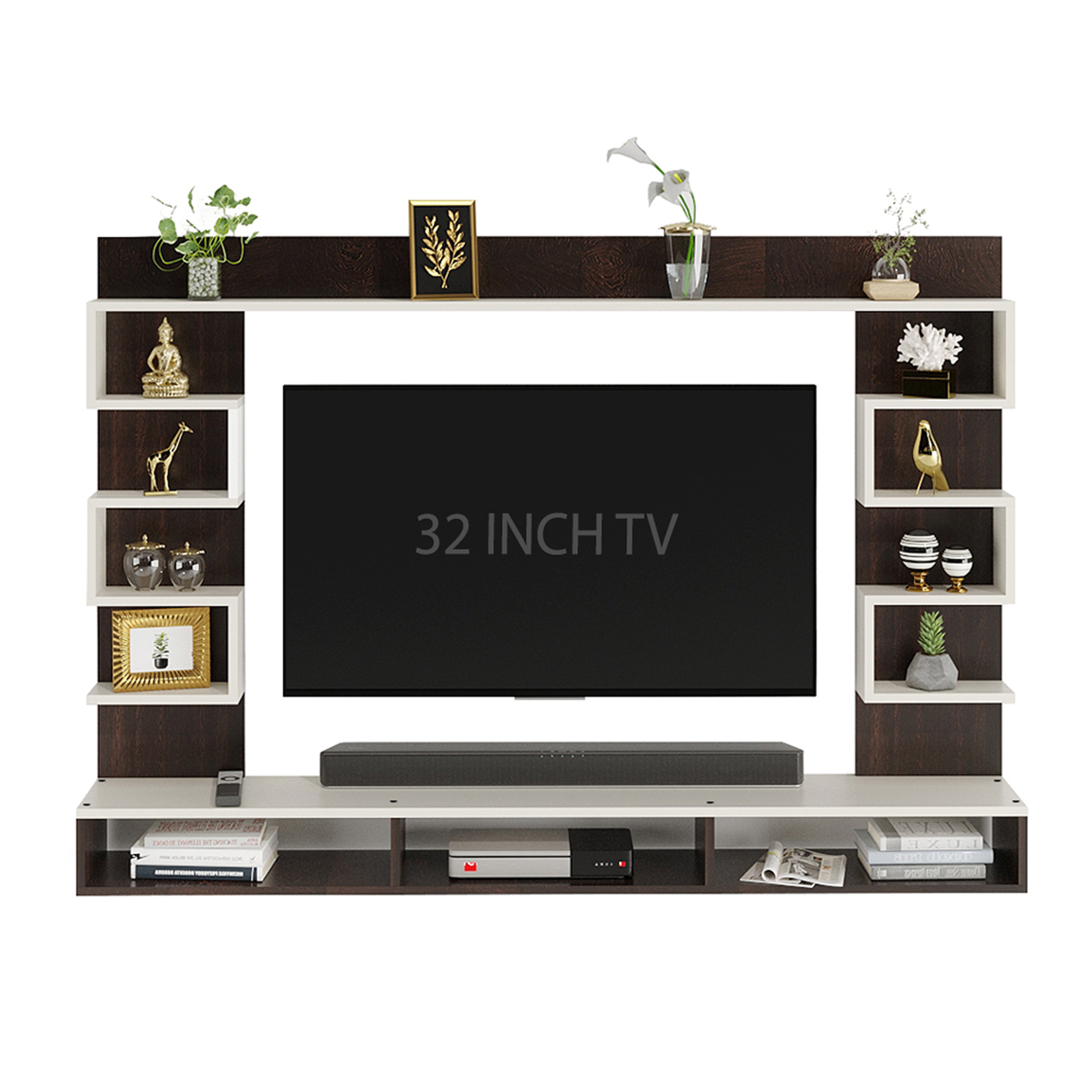 Cabiar Wall-Mount TV Unit for Living Room, Entertainment Unit with Display Shelves, for 32 Inch TV (Wenge & White Finish)
