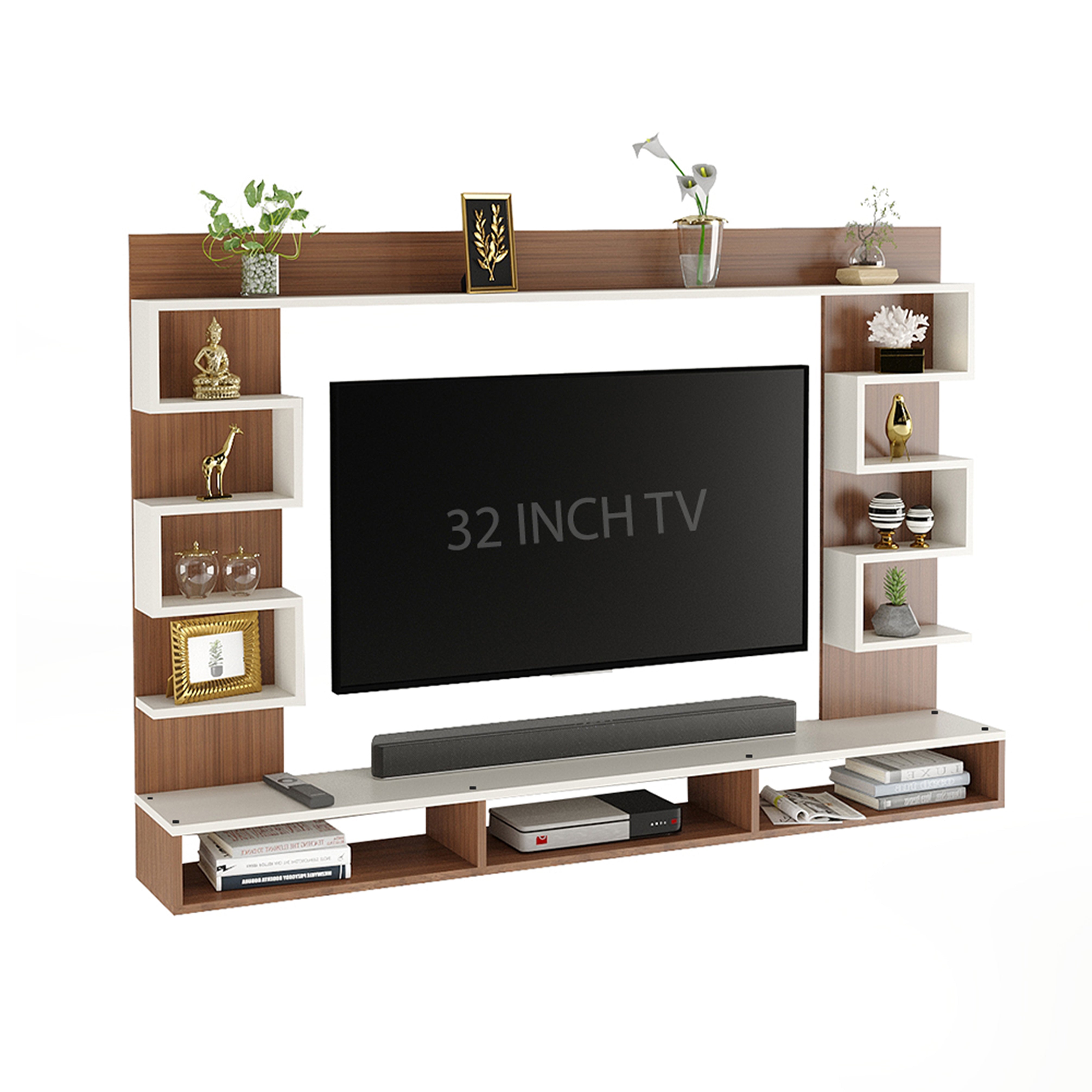 Cabiar Wall-Mount TV Unit for Living Room, Entertainment Unit with Display Shelves, for 32 Inch TV (Exotic Teak & White Finish)