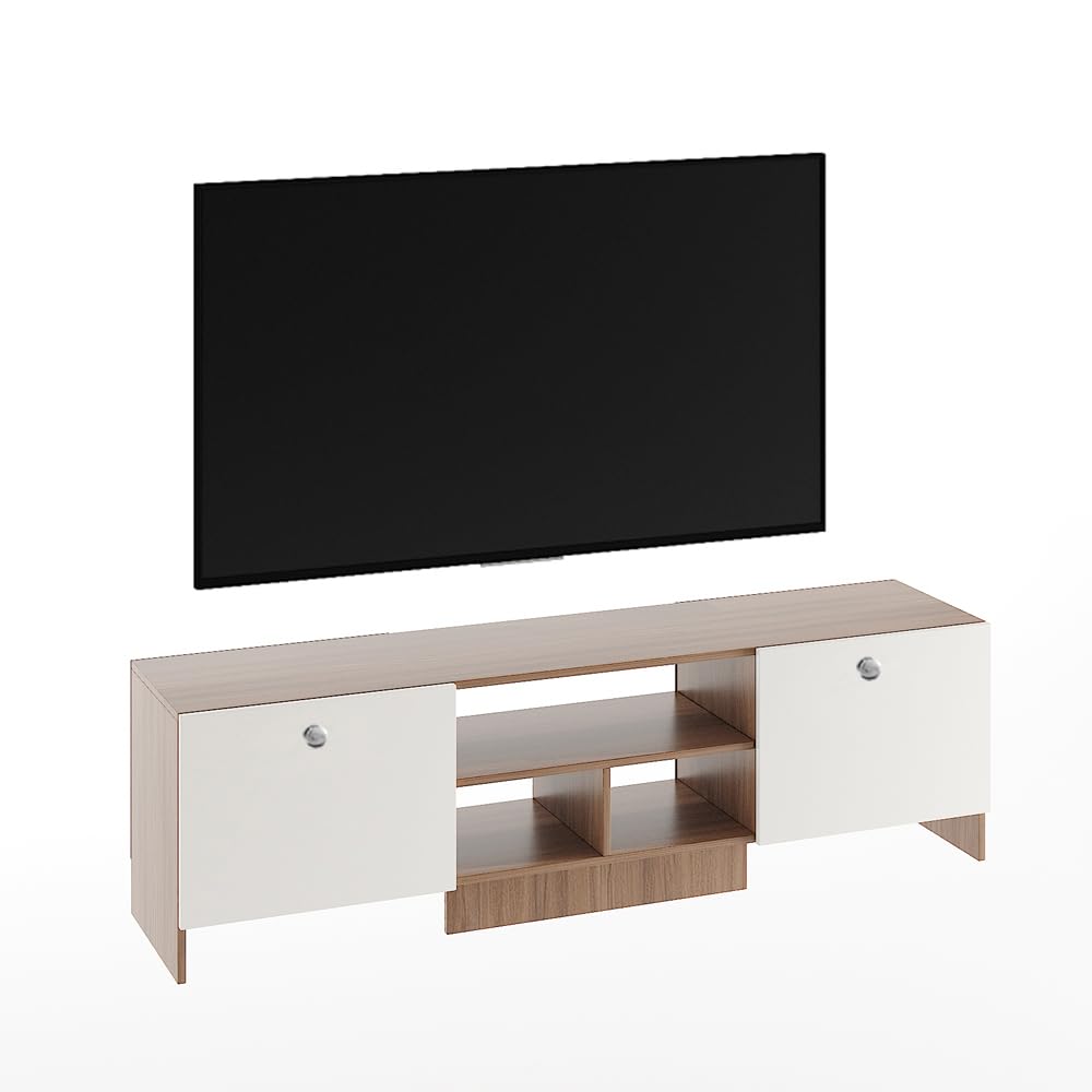 FURNEASER Salvi Engineered Wood Tv Unit for Living Room, Set Top Box Stand, LED Entertainment Unit with Door, Cabinet, Large for 50 to 65 Inch Tv (Exotic Teak & White)