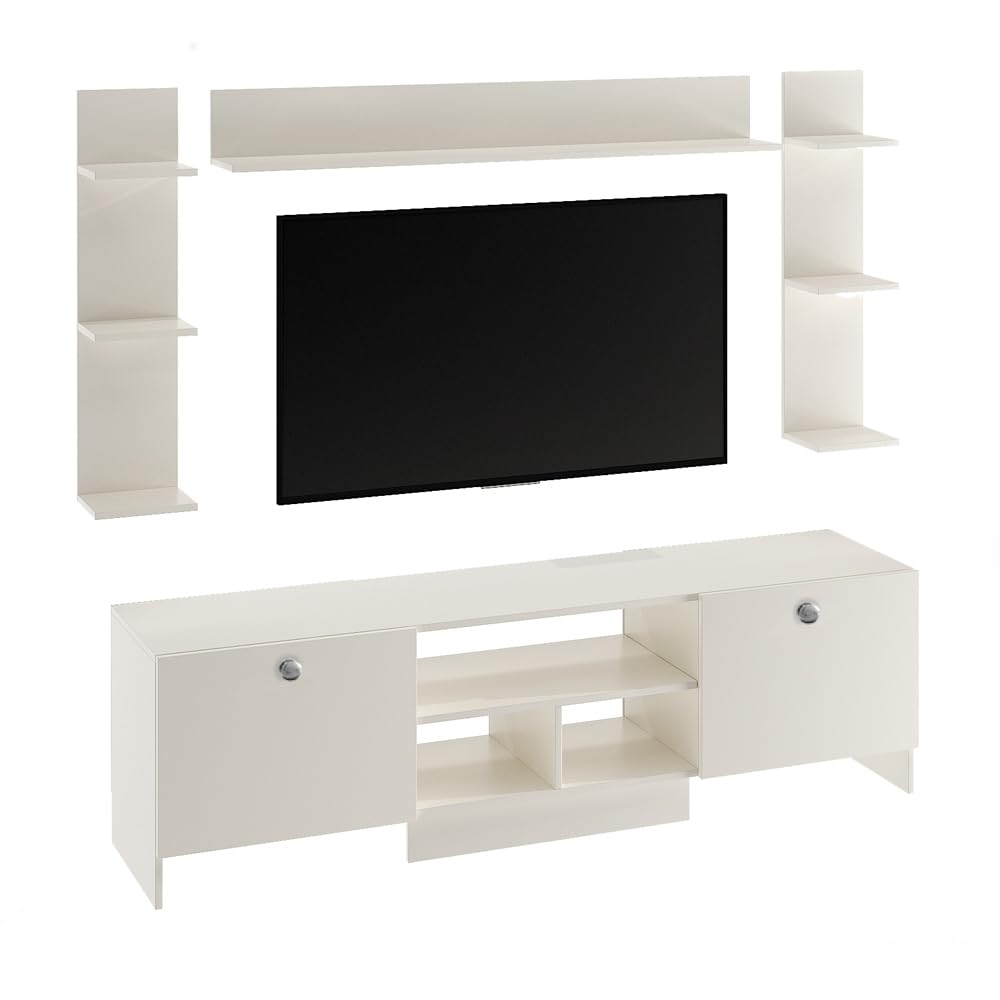 FURNEASER Samnor Engineering Wood Floor TV Cabinet/Entertainment Unit/Set Top Box Stand/TV Table with Storage & Display Shelves (Exotic Teak) for 65 Inch TV Screen (White)