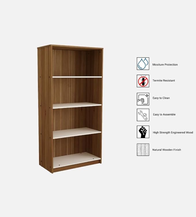 FURNEASER Flix Bookshelf for Home - 4 Tier Book Rack for Study Room, Open Bookcase for Office, Library, Bedroom, Living Room - Corner Display Shelf (Walnut White - L 70 x B 28 x H 140 cm)