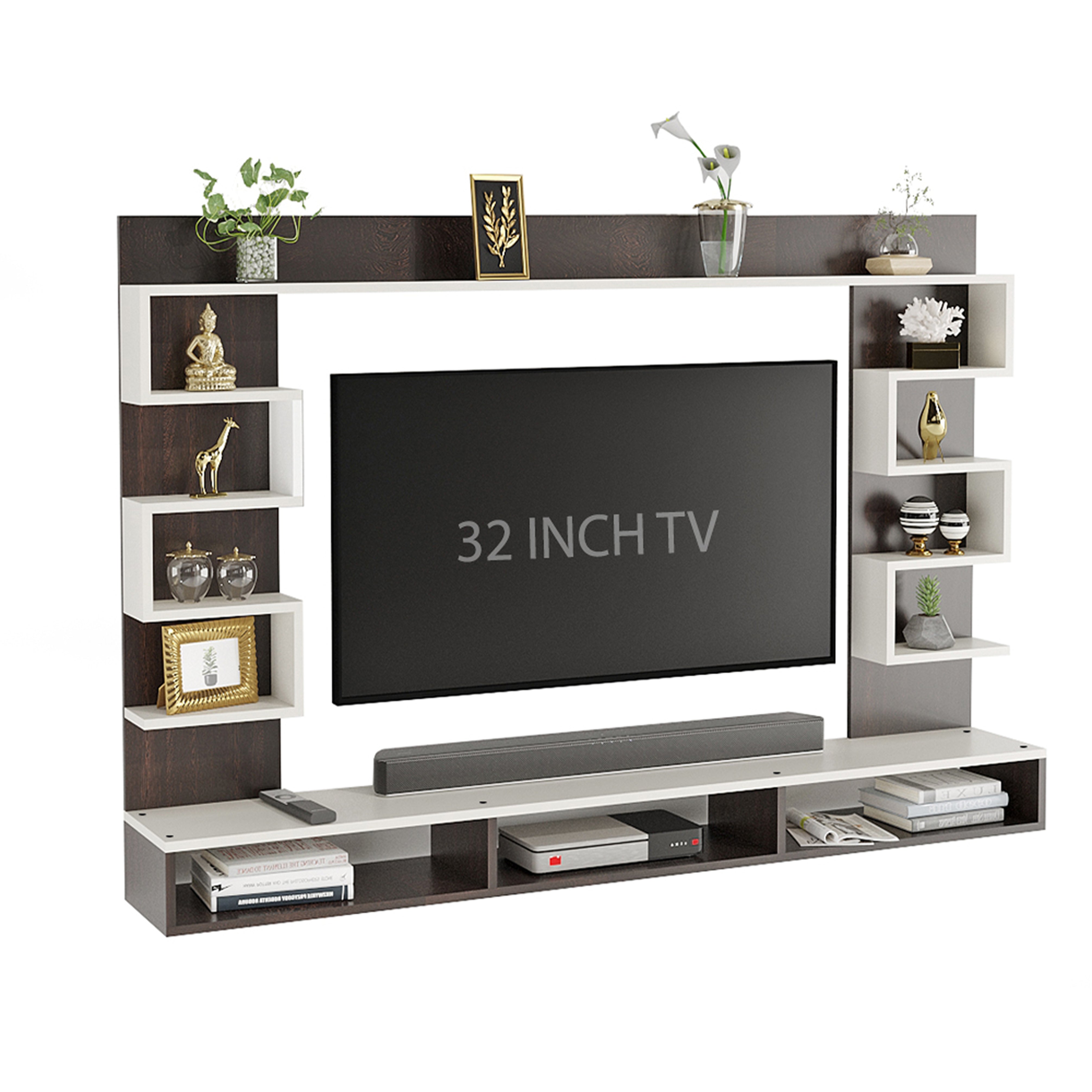Cabiar Wall-Mount TV Unit for Living Room, Entertainment Unit with Display Shelves, for 32 Inch TV (Wenge & White Finish)