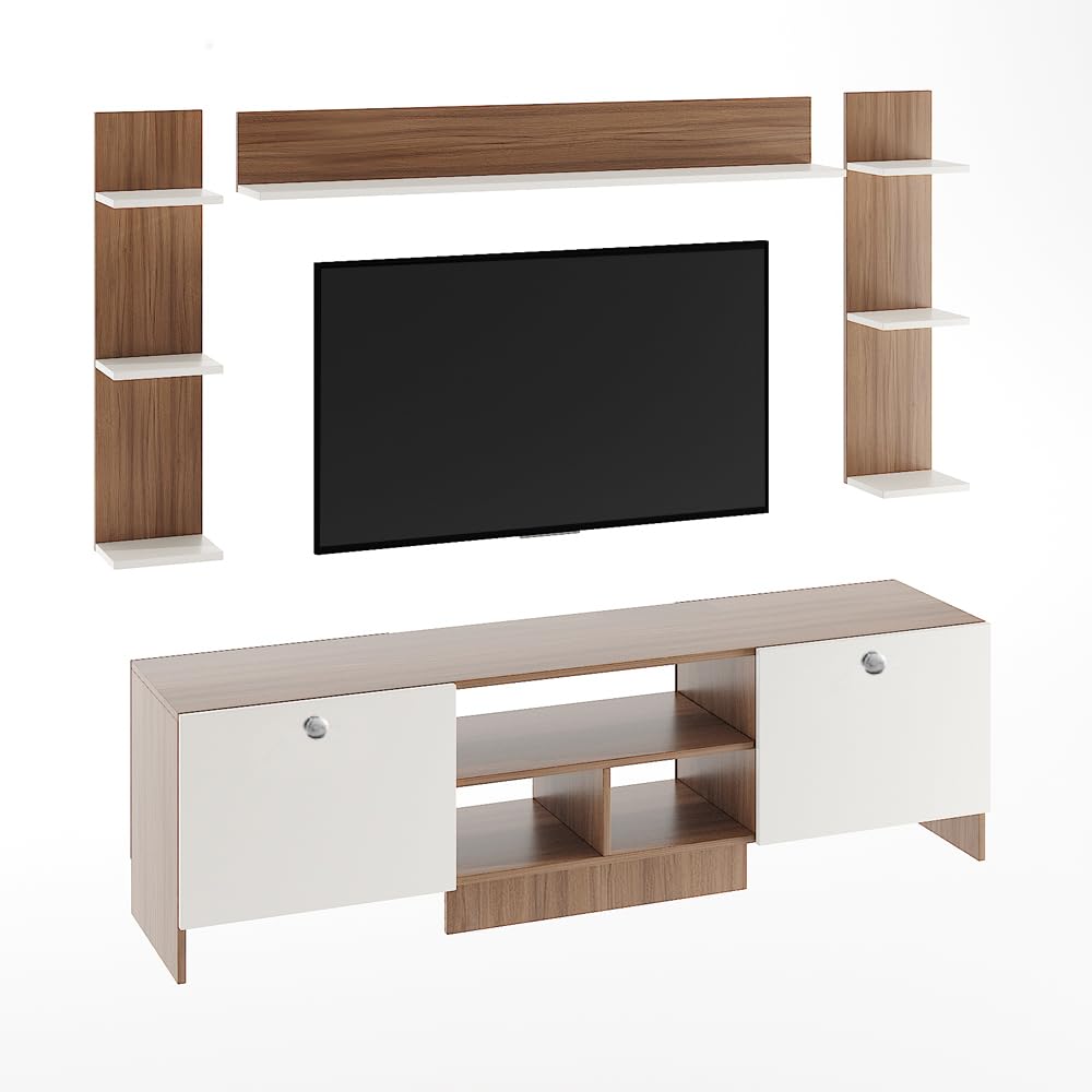 FURNEASER Samnor Engineering Wood Floor TV Cabinet/Entertainment Unit/Set Top Box Stand/TV Table with Storage & Display Shelves (Exotic Teak) for 65 Inch TV Screen (Exotic Teak & White)