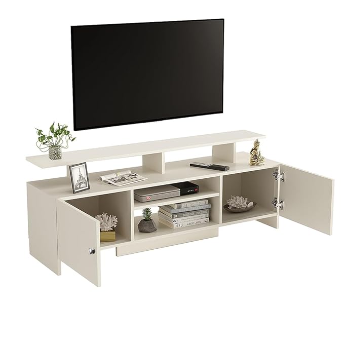 FURNEASER Kashvi Engineering Wood Floor Standing TV Entertainment Unit Set Top Box Stand/TV Cabinet with Shelves for Books & Décor Display Unit, Upto 55 Inches (White)