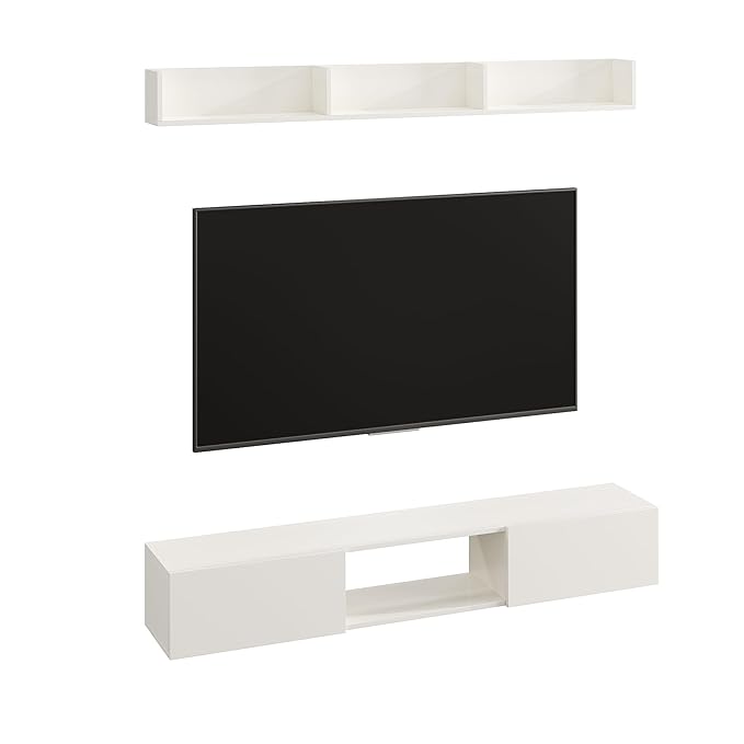 WOODWIDER Vera Engineering Wood Wall Mount TV Entertainment Unit Set Top Box Stand/TV Cabinet with Shelves for Books & Décor Display Unit, Living Room Upto 65 Inches (White)