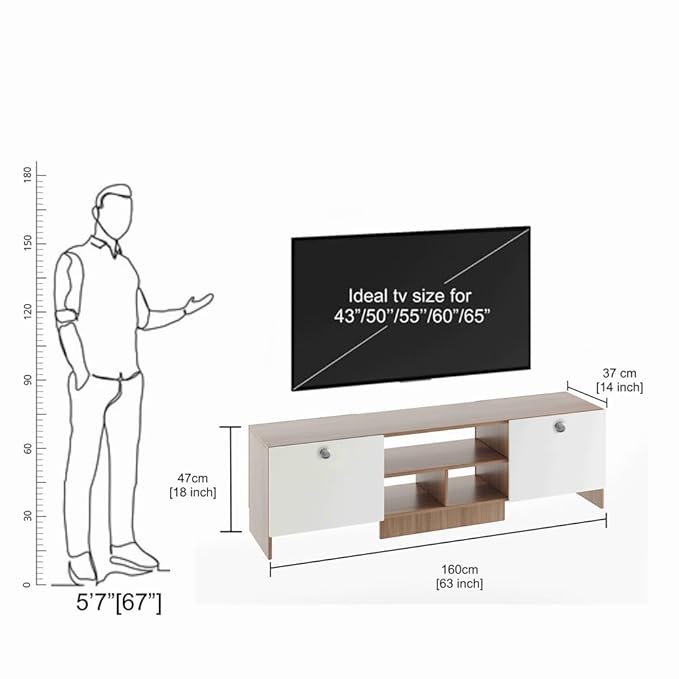 FURNEASER Salvi Engineered Wood Tv Unit for Living Room, Set Top Box Stand, LED Entertainment Unit with Door, Cabinet, Large for 50 to 65 Inch Tv (Exotic Teak & White)
