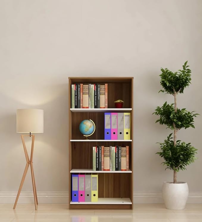 FURNEASER Flix Bookshelf for Home - 4 Tier Book Rack for Study Room, Open Bookcase for Office, Library, Bedroom, Living Room - Corner Display Shelf (Walnut White - L 70 x B 28 x H 140 cm)