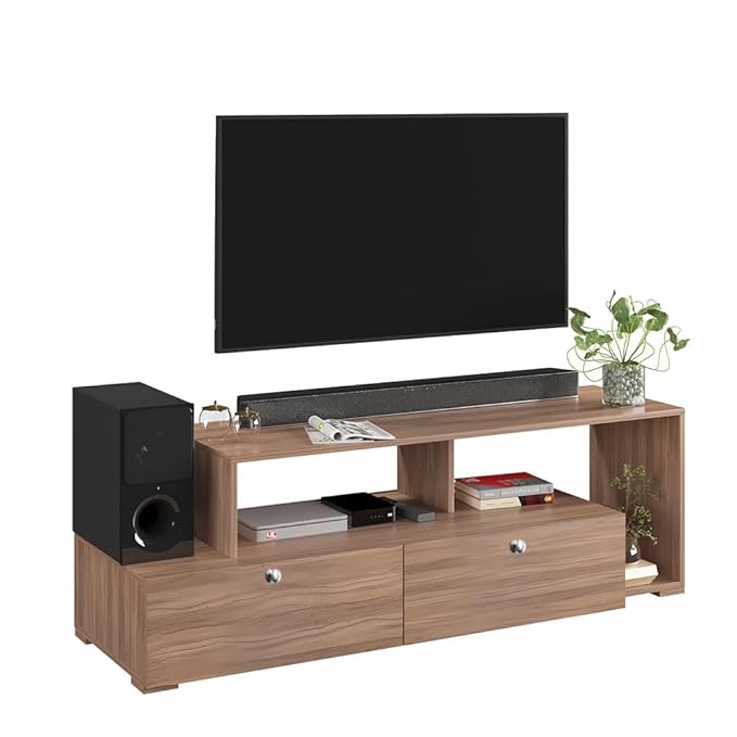 FURNEASER Dexon Modern TV Stand for TVs up to 55 Inches – Entertainment Center with Open Shelving & Storage Cabinets – Wood Media Console with Sleek Design (Exotic Teak)