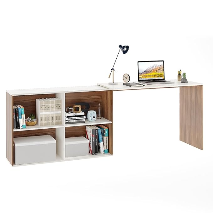 FURNEASER Maggen Engineered Wood Study Table, Workstation, Rotatable Computer Laptop, WFH Office Desk Gaming Table with Storage, Large (Exotic Teak & White)
