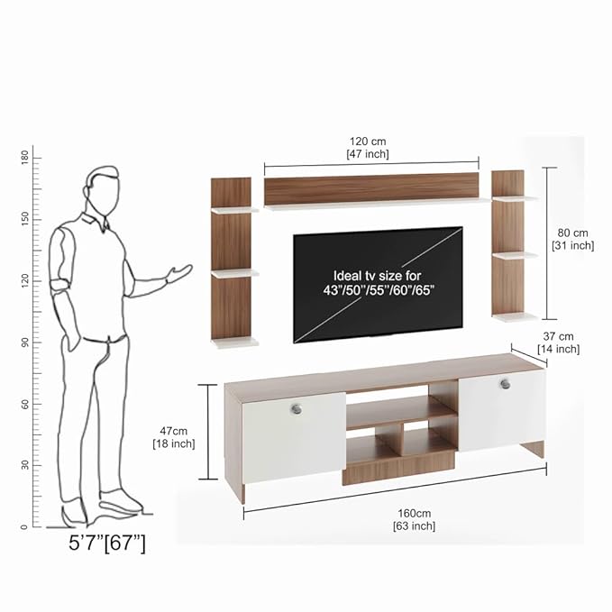 FURNEASER Samnor Engineering Wood Floor TV Cabinet/Entertainment Unit/Set Top Box Stand/TV Table with Storage & Display Shelves (Exotic Teak) for 65 Inch TV Screen (Exotic Teak & White)