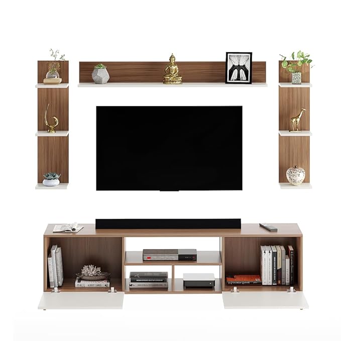 FURNEASER Samnor Engineering Wood Floor TV Cabinet/Entertainment Unit/Set Top Box Stand/TV Table with Storage & Display Shelves (Exotic Teak) for 65 Inch TV Screen (Exotic Teak & White)