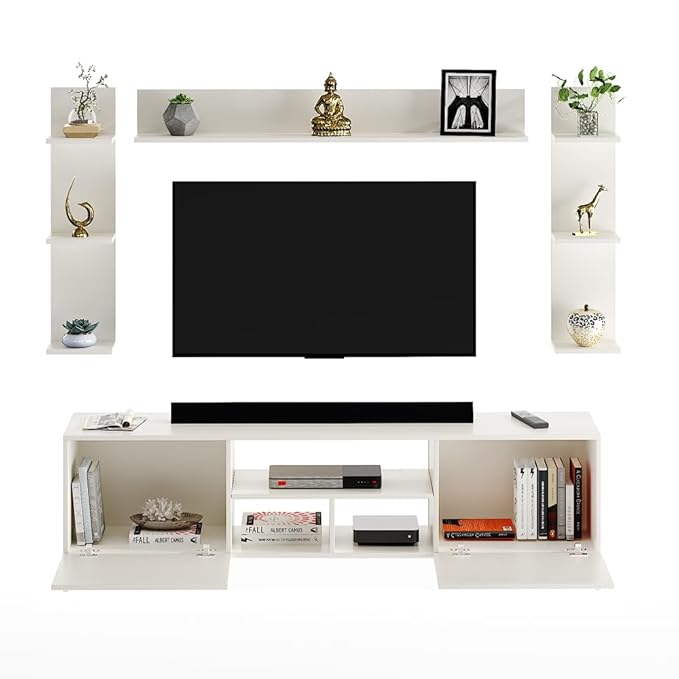 FURNEASER Samnor Engineering Wood Floor TV Cabinet/Entertainment Unit/Set Top Box Stand/TV Table with Storage & Display Shelves (Exotic Teak) for 65 Inch TV Screen (White)