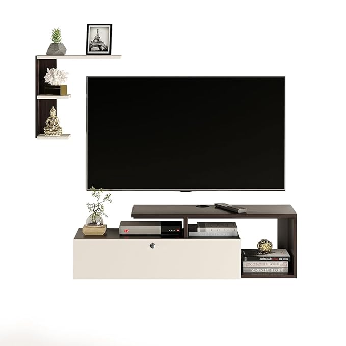 FURNEASER Exteller Engineered Wood Wall-Mount TV Unit for Living Room Set Top Box Stand Entertainment Unit with Display Shelves Rack, for Upto 43 Inch TV (Wenge & White)