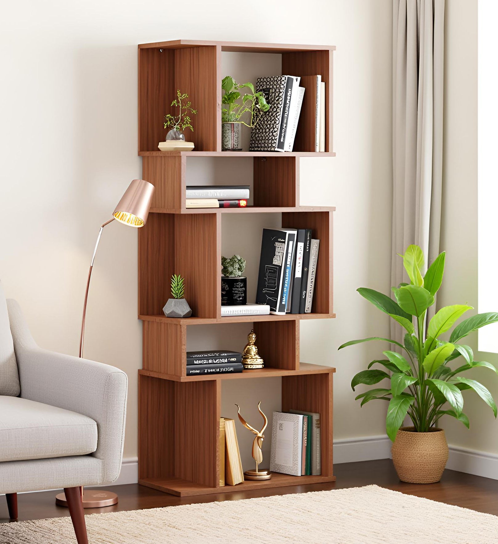 Adison Wooden Book Shelf for Books, Book Shelf Rack for Home Library, Corner Shelf for Living Room, Study Room & Office Furniture (Exotic Teak)