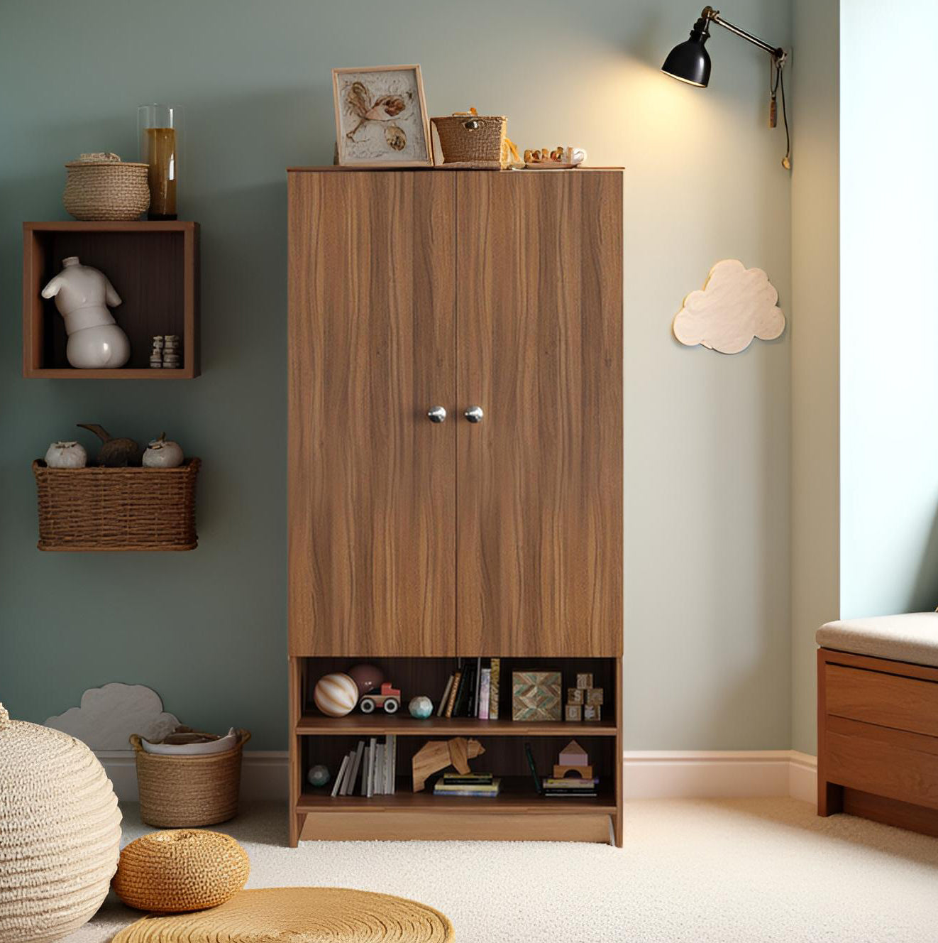 WOODWIDER Yosha Wardrobe for Kids, Baby Almirah for Clothes, Baby Storage Organizer, Cupboard for Clothes, Kids Wardrobe for Clothes/Toys/Books (Exotic Teak)