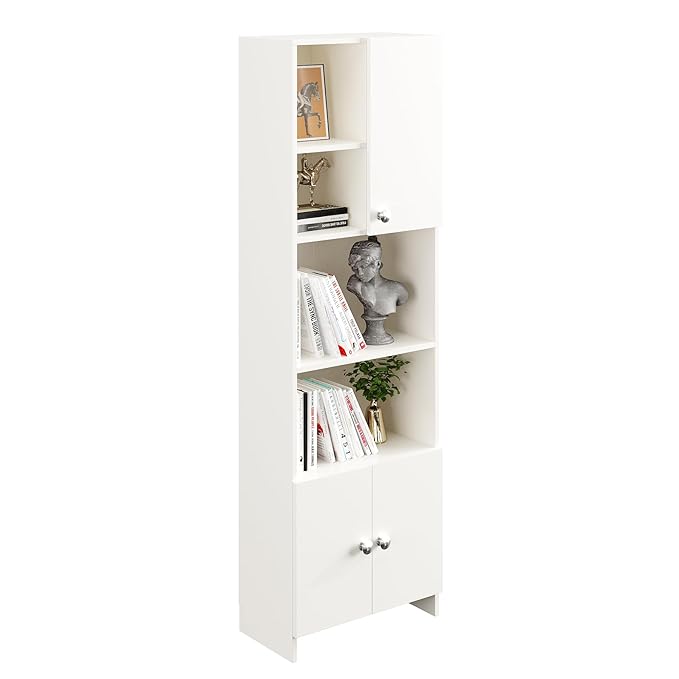 FURNEASER Stenza Modern Engineered Wood Book Shelf – Modular Tall Storage Cabinet with Doors & Open Display Racks for Living Room, Study, Office (White)