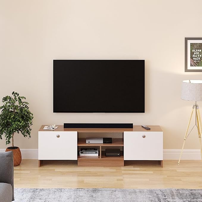 FURNEASER Salvi Engineered Wood Tv Unit for Living Room, Set Top Box Stand, LED Entertainment Unit with Door, Cabinet, Large for 50 to 65 Inch Tv (Exotic Teak & White)