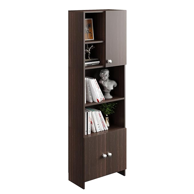FURNEASER Stenza Modern Engineered Wood Book Shelf – Modular Tall Storage Cabinet with Doors & Open Display Racks for Living Room, Study, Office (Wenge)