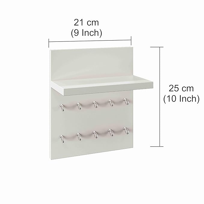 FURNEASER Cannor Wall Mounted Key Holder for Home with Decorative Display Shelf (10 Hooks) Keys Chain Ring Mobile Holder Stand Organizer (White)