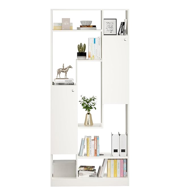 FURNEASER Canvas Modern Wooden Bookshelf with Cabinets & Open Storage – 5-Tier Display Rack, Multipurpose Bookcase for Living Room, Bedroom, Office (Engineered Wood, 180 x 80 x 32 cm, White Finish)