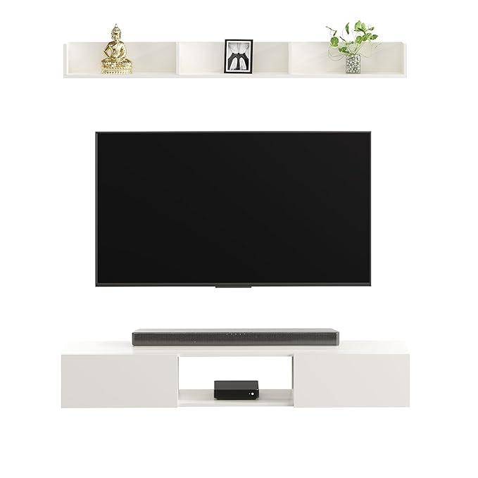 WOODWIDER Vera Engineering Wood Wall Mount TV Entertainment Unit Set Top Box Stand/TV Cabinet with Shelves for Books & Décor Display Unit, Living Room Upto 65 Inches (White)