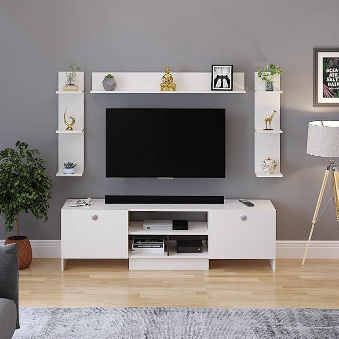 FURNEASER Samnor Engineering Wood Floor TV Cabinet/Entertainment Unit/Set Top Box Stand/TV Table with Storage & Display Shelves (Exotic Teak) for 65 Inch TV Screen (White)