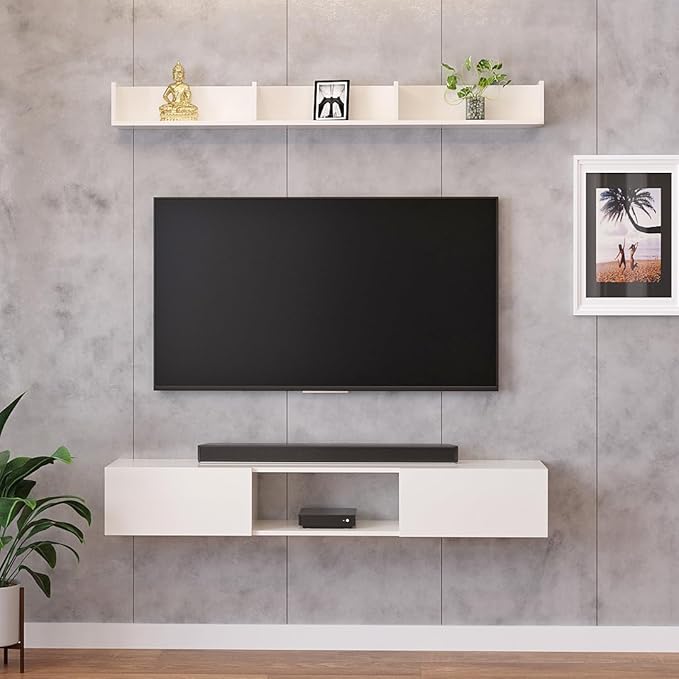 WOODWIDER Vera Engineering Wood Wall Mount TV Entertainment Unit Set Top Box Stand/TV Cabinet with Shelves for Books & Décor Display Unit, Living Room Upto 65 Inches (White)
