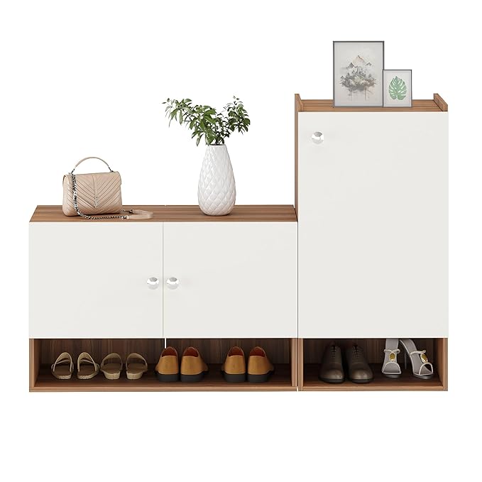 FURNEASER Sinala Modern Shoe Storage Cabinet with 8 Shelves, Wooden Organiser Stand, 18-20 Pairs Capacity (Exotic Teak & White)
