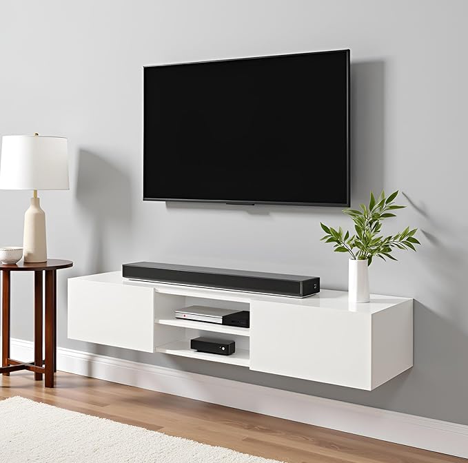 FURNEASER Salvi Engineered Wood Tv Unit for Living Room, Set Top Box Stand, LED Entertainment Unit with Door, Cabinet, Large for 50 to 65 Inch Tv (White)