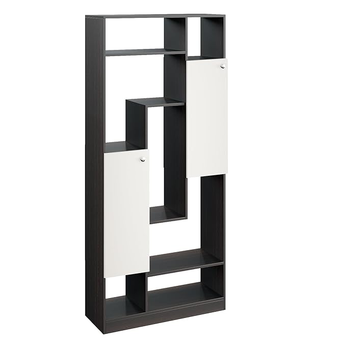 FURNEASER Canvas Modern Wooden Bookshelf with Cabinets & Open Storage – 5-Tier Display Rack, Multipurpose Bookcase for Living Room, Bedroom, Office (180 x 80 x 32 cm, Wenge & White Finish)