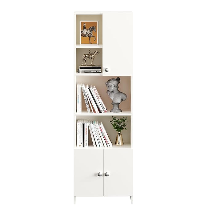 FURNEASER Stenza Modern Engineered Wood Book Shelf – Modular Tall Storage Cabinet with Doors & Open Display Racks for Living Room, Study, Office (White)
