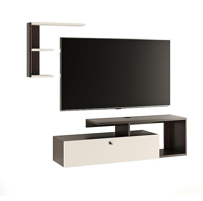 FURNEASER Exteller Engineered Wood Wall-Mount TV Unit for Living Room Set Top Box Stand Entertainment Unit with Display Shelves Rack, for Upto 43 Inch TV (Wenge & White)