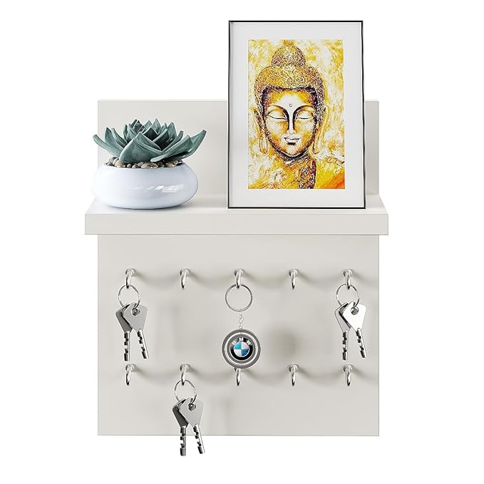 FURNEASER Cannor Wall Mounted Key Holder for Home with Decorative Display Shelf (10 Hooks) Keys Chain Ring Mobile Holder Stand Organizer (White)