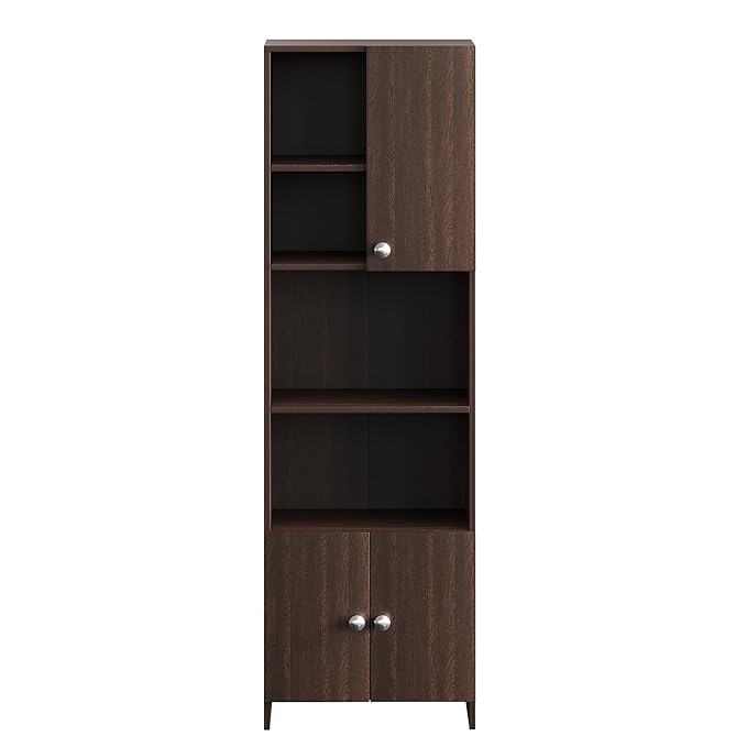FURNEASER Stenza Modern Engineered Wood Book Shelf – Modular Tall Storage Cabinet with Doors & Open Display Racks for Living Room, Study, Office (Wenge) (Copy)