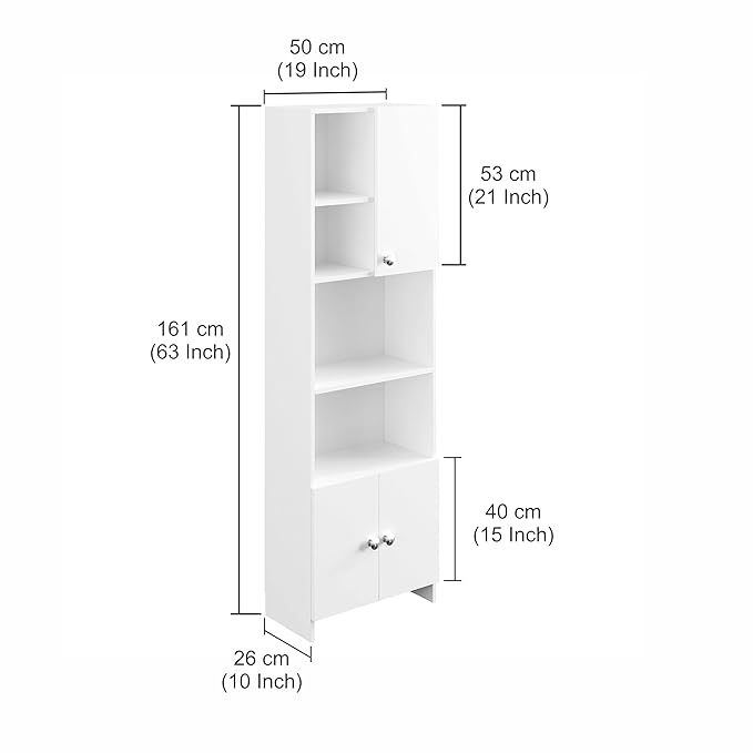 FURNEASER Stenza Modern Engineered Wood Book Shelf – Modular Tall Storage Cabinet with Doors & Open Display Racks for Living Room, Study, Office (White)