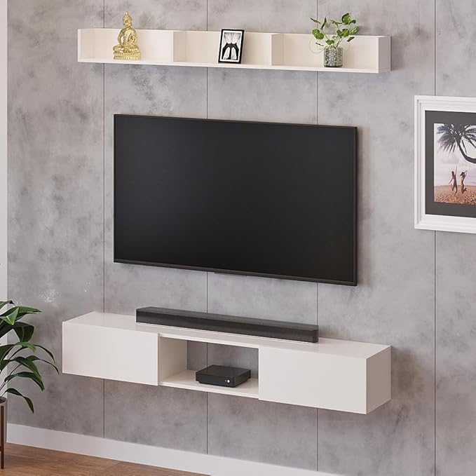 WOODWIDER Vera Engineering Wood Wall Mount TV Entertainment Unit Set Top Box Stand/TV Cabinet with Shelves for Books & Décor Display Unit, Living Room Upto 65 Inches (White)