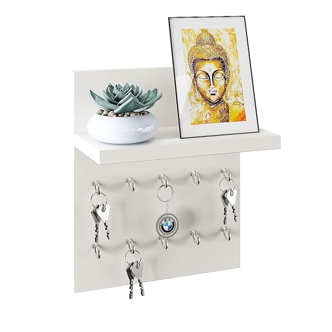FURNEASER Cannor Wall Mounted Key Holder for Home with Decorative Display Shelf (10 Hooks) Keys Chain Ring Mobile Holder Stand Organizer (White)