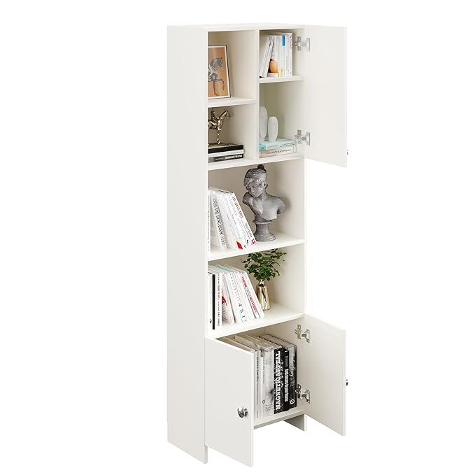 FURNEASER Stenza Modern Engineered Wood Book Shelf – Modular Tall Storage Cabinet with Doors & Open Display Racks for Living Room, Study, Office (White)
