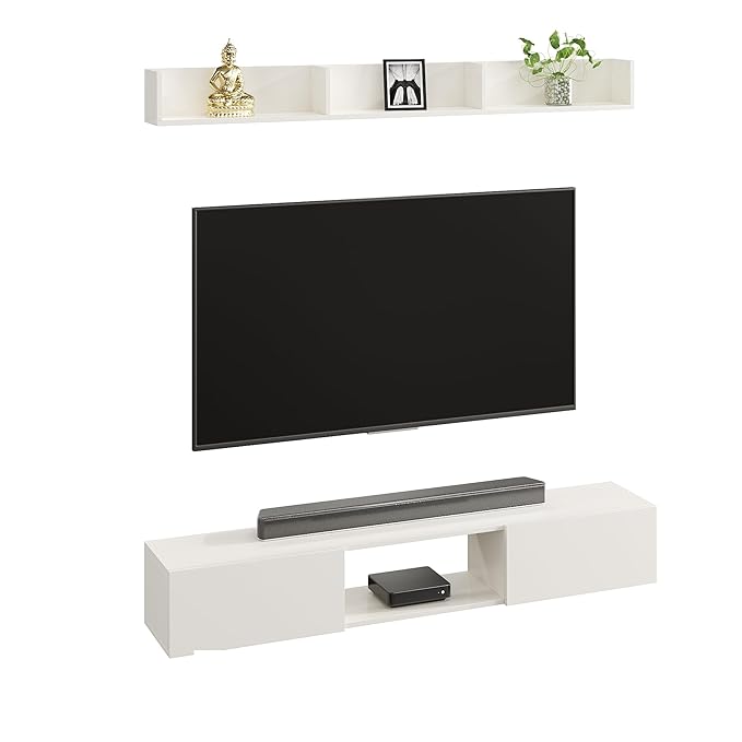 WOODWIDER Vera Engineering Wood Wall Mount TV Entertainment Unit Set Top Box Stand/TV Cabinet with Shelves for Books & Décor Display Unit, Living Room Upto 65 Inches (White)