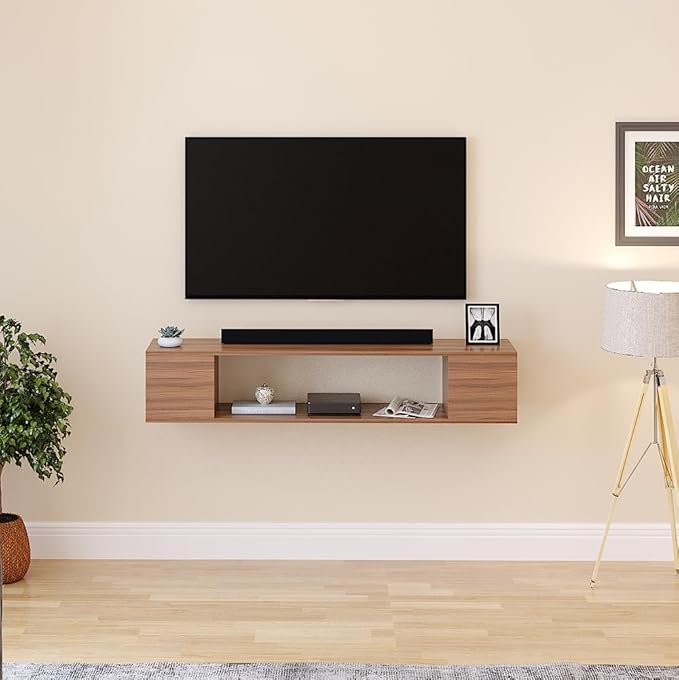 FURNEASER Ether Engineered Wood Wall Mount TV Unit, Set Top Box Stand with Display Shelves, Modern Tv Rack, Showcase, Cabinet (Exotic Teak)