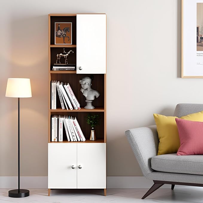 FURNEASER Stenza Modern Engineered Wood Book Shelf – Modular Tall Storage Cabinet with Doors & Open Display Racks for Living Room, Study, Office (Exotic Teak & White)