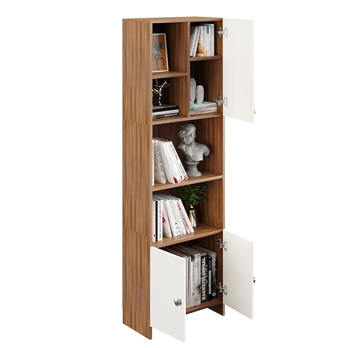 FURNEASER Stenza Modern Engineered Wood Book Shelf – Modular Tall Storage Cabinet with Doors & Open Display Racks for Living Room, Study, Office (Exotic Teak & White)