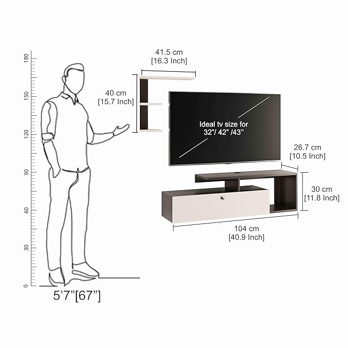 FURNEASER Exteller Engineered Wood Wall-Mount TV Unit for Living Room Set Top Box Stand Entertainment Unit with Display Shelves Rack, for Upto 43 Inch TV (Wenge & White)