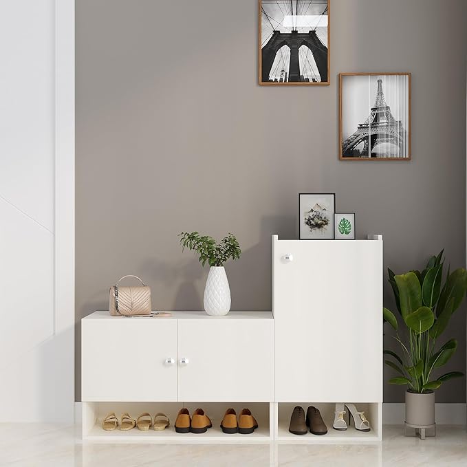 FURNEASER Sinala Modern Shoe Storage Cabinet with 8 Shelves, Wooden Organiser Stand, 18-20 Pairs Capacity (White)