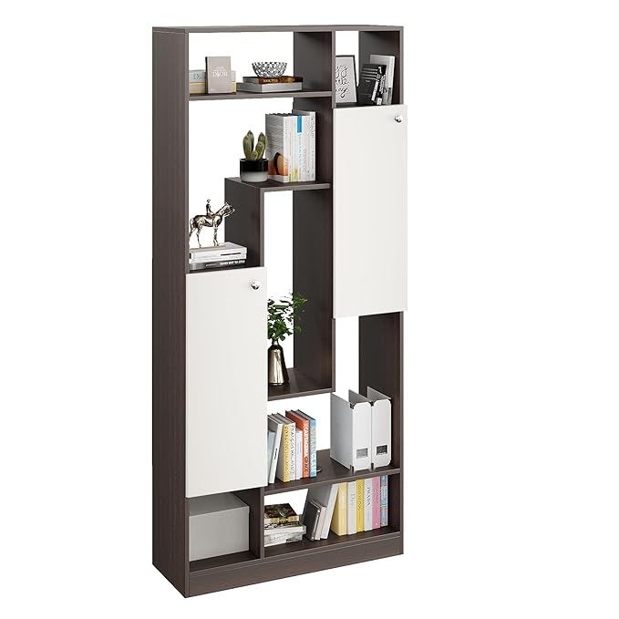 FURNEASER Canvas Modern Wooden Bookshelf with Cabinets & Open Storage – 5-Tier Display Rack, Multipurpose Bookcase for Living Room, Bedroom, Office (180 x 80 x 32 cm, Wenge & White Finish)