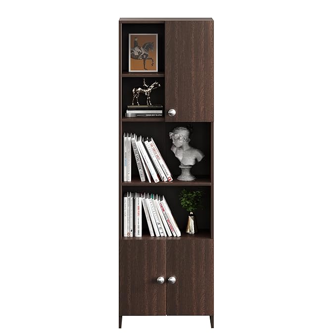 FURNEASER Stenza Modern Engineered Wood Book Shelf – Modular Tall Storage Cabinet with Doors & Open Display Racks for Living Room, Study, Office (Wenge) (Copy)
